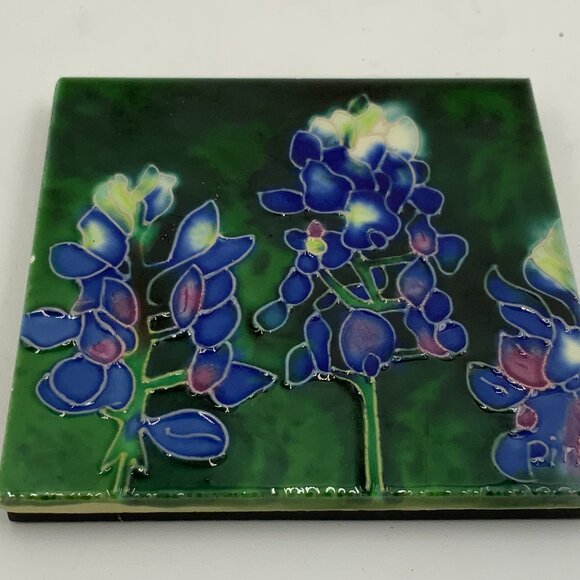 Hand Painted Texas Bluebonnet Flowers Square Ceramic Tile Raised Details - Picture 8 of 8